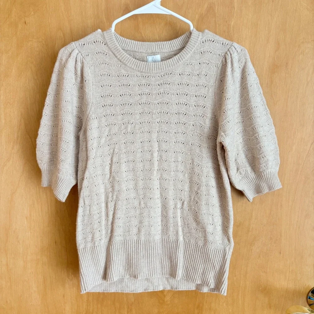 Joie Womens Beige Pointelle Scalloped Knit‎ Puff Short Sleeve Sweater Size S - Picture 2 of 8